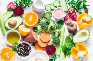 bright and colorful fruits and vegetables to help with healthy digestion, mood and wellbeing